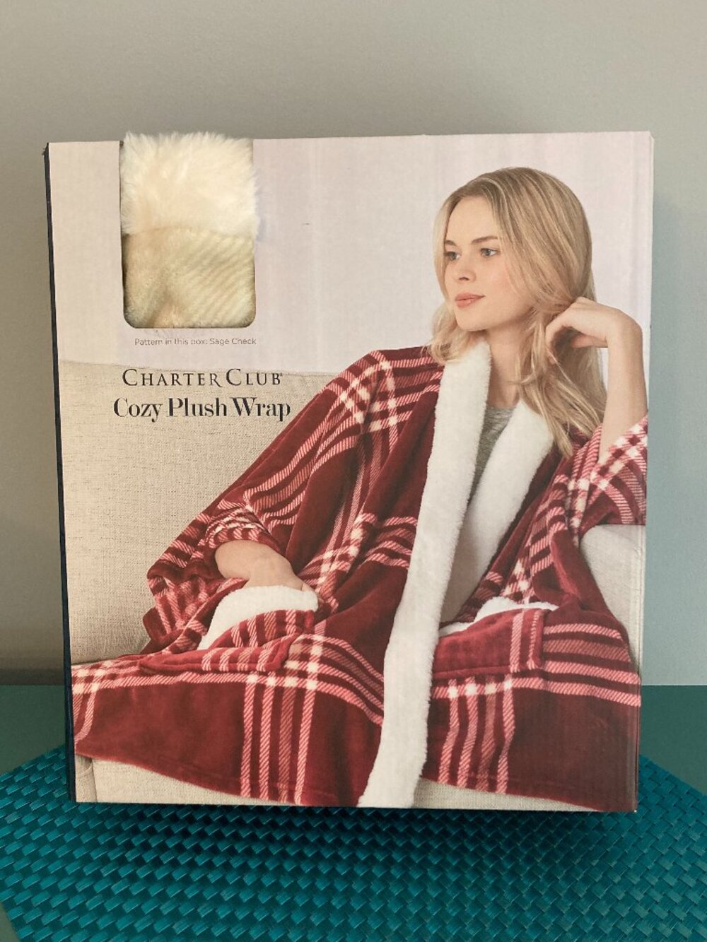 Charter Club Cozy Plush Wrap Sage Check NIB
